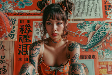 Young woman with tattoos and bold makeup in a vibrant red cultural setting, wearing a patterned orange dress and hair buns tied with ribbons