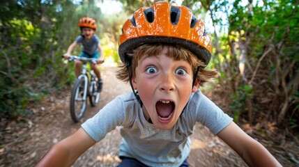 Canvas Print - Excited boy biking in the woods. AI.