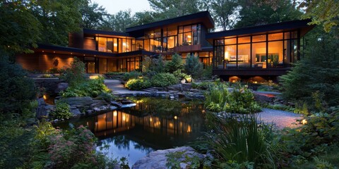 Poster - Exploring sustainable modern residences at dusk a clean angle view of eco-friendly architecture in nature