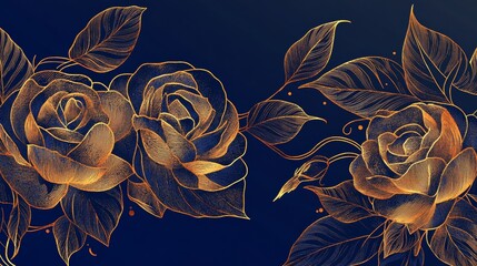 Wall Mural - 28.Elegant gold roses and intricate leaves, outlined in smooth vector line art, set against a rich blue backdrop. Copper ornamentation weaves through the design, creating a luxurious floral