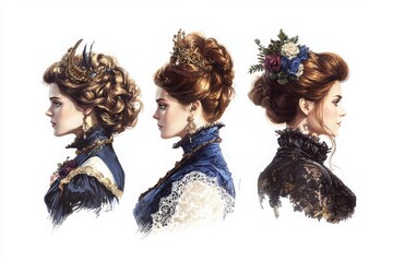 Poster - Elegant victorian fashion sketch elaborate hairstyles and lace details in a rich historical context