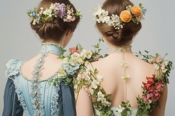 Poster - Victorian fashion plate bustled gowns with floral headpieces in elegant setting back view perspective