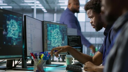 Poster - machine learning expert in data center maintaining company network infrastructure. worker using arti