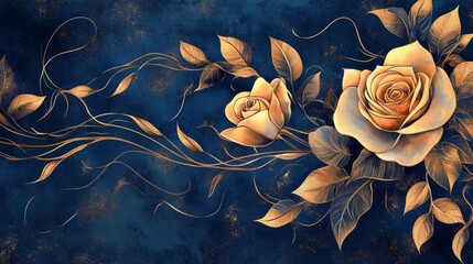 Wall Mural - 30.Vector illustration of gold roses in a flowing, graceful arrangement with leaves and copper accents, set against a rich blue background. The detailed line art evokes a sense of elegance and