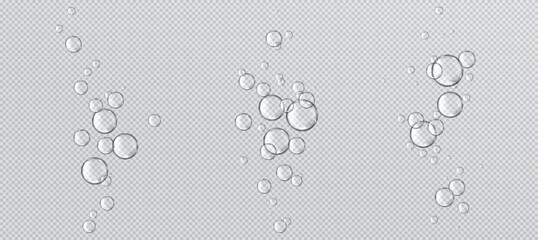 Wall Mural - Water drop on transparent glass background. Drink droplet splash realistic texture. Clear raindrop or underwater soda effervescent effect. Fizz gas stream illustration. Oxygen mineral sparkle png