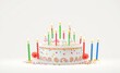 © Global Perspectives - birthday cake, colorful candles, pastel frosting, confetti decoration, bright and cheerful, white background, festive celebration, simple design, high-key lighting