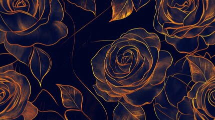 Wall Mural - 26.Intricate vector design of elegant gold roses, delicately outlined against a deep blue background. The flowing line art emphasizes graceful blooms and leaves, accented with copper details,