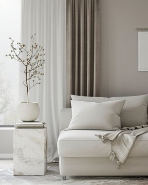 A minimalist living room interior with a white sofa. a marble side table. a wooden coffee table. a blank frame on the wall. and a window with curtains