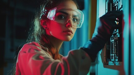 Poster - young female scientist working with technology in a laboratory setting