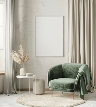 A green velvet armchair sits next to a small gold table with a vase of dried branches in a modern interior design setting The room features white walls with decorative moldings and a large blank pictu