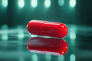 A shiny red capsule reflecting on a surface, set against a softly lit background, suggesting themes of health or pharmaceutical products.