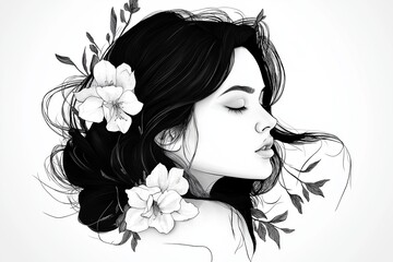 Poster - Profile of a woman with her hair decorated with jasmine flowers, drawn in clean black and white lines
