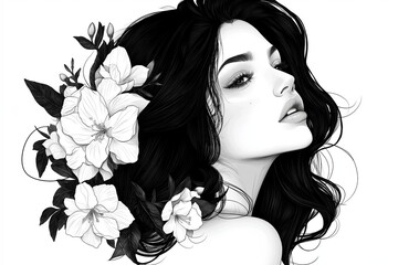 Poster - Profile of a woman with her hair decorated with jasmine flowers, drawn in clean black and white lines