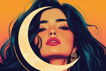 Poster - An Indian woman framed by a crescent moon, rendered in clean, bold lines against a night sky gradient