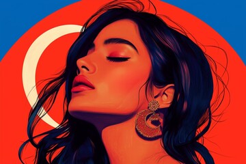Poster - An Indian woman framed by a crescent moon, rendered in clean, bold lines against a night sky gradient