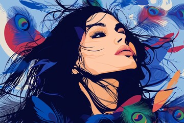 Poster - Abstract silhouette of a woman surrounded by peacock feathers