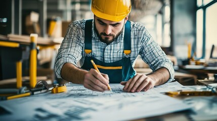 Poster - Skilled Man in Yellow Helmet Working on Construction Plans