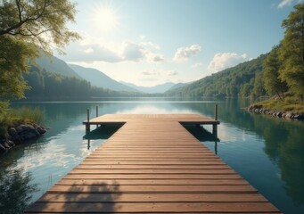 Wall Mural - Serene wooden dock overlooking a tranquil lake at sunrise in a mountain landscape