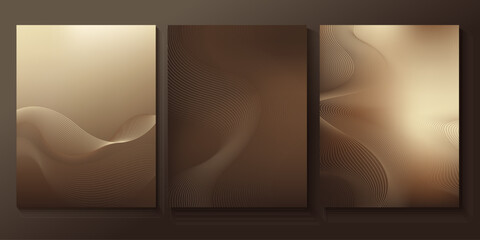 Set of chic elegant cards in brown, beige, yellow shades. Golden, copper lines, waves. Geometric pattern. Cover, packaging, business template. Frame for branding, logo, invitation. Gradient mesh.