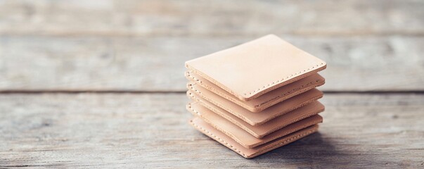 Poster - Handcrafted leather wallets stacked neatly on a wooden table showcasing intricate stitching and natural textures
