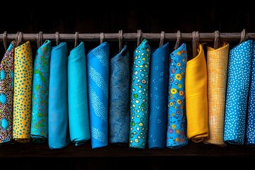 Poster - A vibrant collection of unique handmade fabric patterns displayed on a rustic shelf in an artisanâ€™s studio