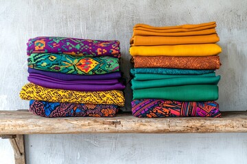 Poster - A vibrant collection of unique handmade fabric patterns displayed on a rustic shelf in an artisanâ€™s studio