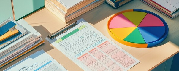 Poster - A colorful pie chart sits atop a desk cluttered with papers and books, symbolizing organization and data analysis.