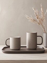 Poster - Artistically arranged handmade ceramics including mugs and plates with earthy tones in a cozy display setting