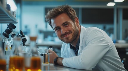 Poster - friendly scientist in laboratory smiling with test tubes and beakers