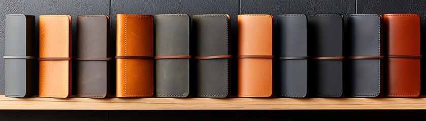 Poster - Elegant leather-bound notebooks displayed on a wooden shelf highlighting craftsmanship and style