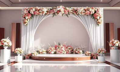 Empty wedding ceremony stage with arch and flowers decoration birthday backdrop Ultra realistic Photorealistic 