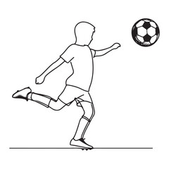 One continuous single drawing black line art doodle of a boy kicking a soccer ball