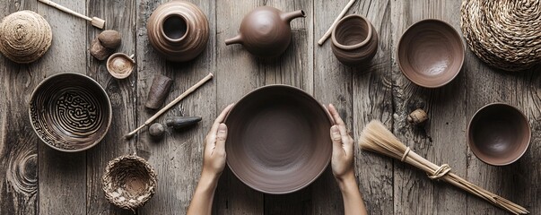 Poster - Handmade ceramic bowls, artist glazing with intricate patterns, focus on natural processes and creative energy, rustic studio setting