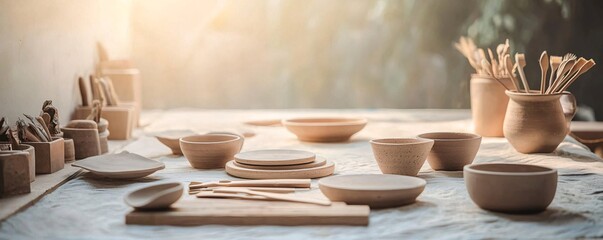 Poster - Handmade ceramics drying, rustic studio, warm sunlight, earthy tones, and artistic focus on process