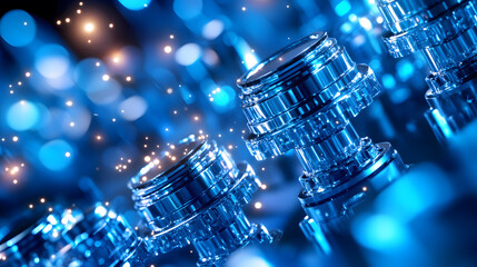 Poster - A visually striking image featuring metallic components illuminated by blue lights, creating a futuristic and technological ambiance