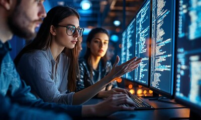 Collaborative Software Development Team Analyzing Code on Multiple Monitors