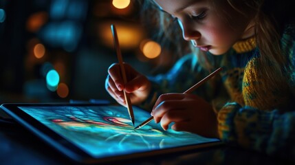 Poster - A young child focused on crafting a colorful digital artwork on a tablet. She holds two styluses, showing creativity and concentration in a cozy and softly illuminated space