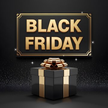 Black Friday Super Sale. Shelf and podium with realistic black gifts boxes with gold bows