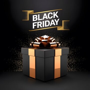 Black Friday Super Sale. Shelf and podium with realistic black gifts boxes with gold bows