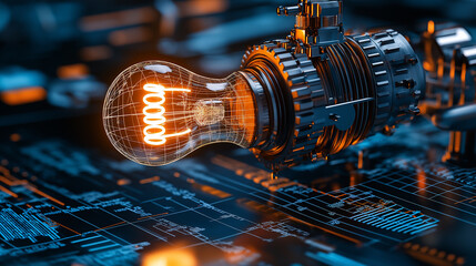 Aufkleber - glowing lightbulb symbolizing innovation and technology on blueprint background. intricate design showcases creativity and modern engineering