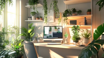 Poster - A creative professional is working at a desk in a home office surrounded by greenery. The warm daylight illuminates the space, enhancing the vibrant plant life