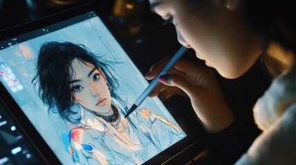 Poster - A digital artist focuses on illustrating a character on a tablet using a stylus, captured in a warmly lit workspace during the evening. Creativity flows in an inspiring environment