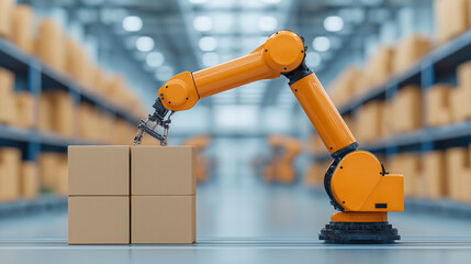 Poster - robotic arm is efficiently assembling products in modern industrial warehouse. bright orange color of robot contrasts with neutral tones of cardboard boxes, showcasing advanced technology in