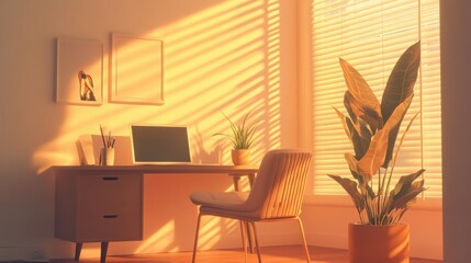 Poster - A well-designed workspace features a laptop, a wooden desk, and a potted plant, illuminated by the soft, warm light of the setting sun, creating a serene atmosphere for productivity