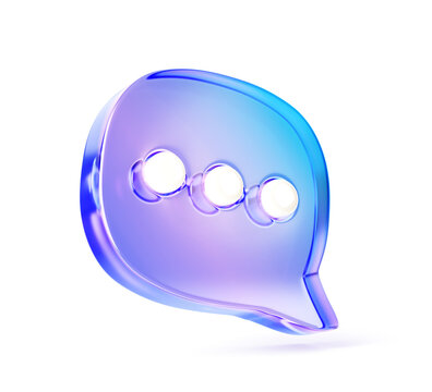 3d glass holographic speech bubble for message or comment render. Iridescent gradient texture text dialog chat, square talk box, web notification icon, crystal dialogue banner frame. 3D illustration