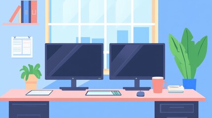 Poster - A modern home office displays dual monitors set on a pink desk. A plant is positioned beside the workspace, enhancing the atmosphere with vibrant greenery
