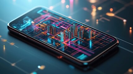 Poster - A sophisticated smartphone features a vibrant holographic display showcasing a detailed cityscape at night. Neon lights illuminate the futuristic buildings, creating an immersive visual experience
