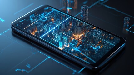 Poster - A modern smartphone rests on a dark surface, displaying a holographic city skyline illuminated with bright lights. The intricate design highlights advanced technology and innovation