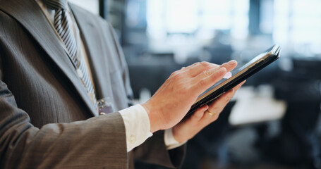 Aufkleber - Business, hands and man in office, tablet and typing with social media, network and digital app. Closeup, employee and consultant in workplace, message to contact or technology with chatting or Japan