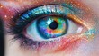 © Seyyar - Close-up view of a striking eye featuring a surreal, multicolored iris and vibrant makeup with shimmering and cinematic color effects.